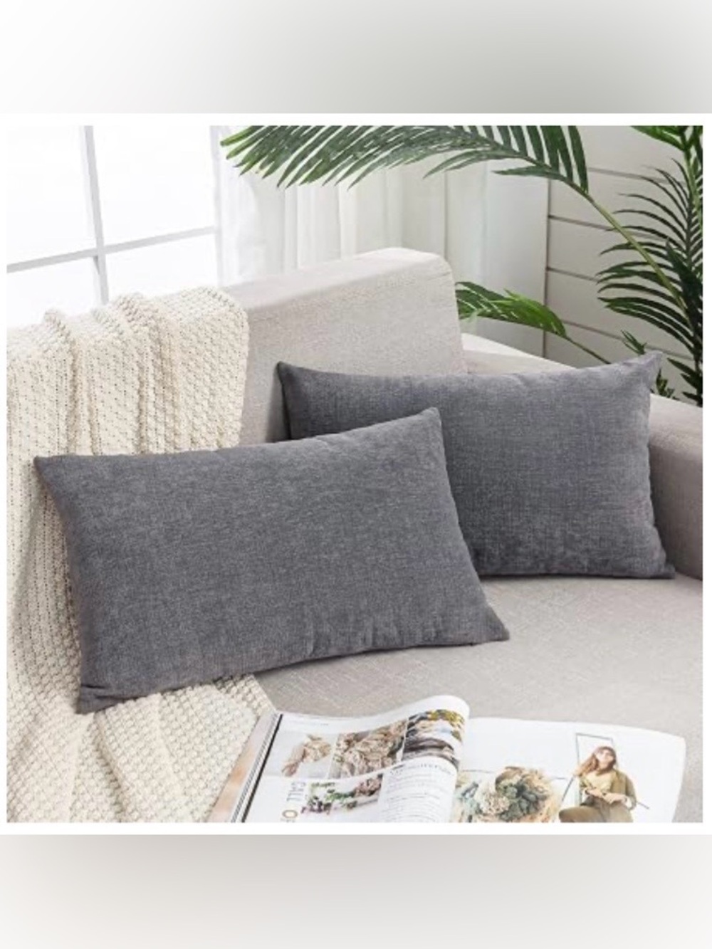 GRAY CHENILLE Lumbar Pillow Covers Rectangular 12x20” (2-pack)